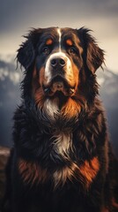 Bernese Mountain Dog with a beautiful background. Generative AI