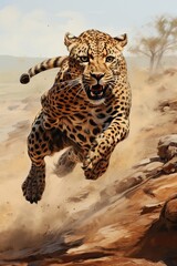 A cheetah sprints through the air with a blurred backdrop. (Illustration, Generative AI)