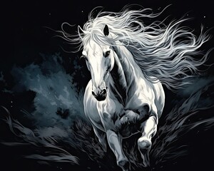A white horse gallops in the dark, hair billowing. (Illustration, Generative AI)