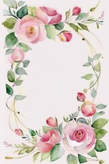 Watercolor frame made with rose flowers and leaves on white paper background. Generative Ai.
