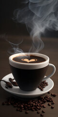A realistic smoky coffee cup with a heart design