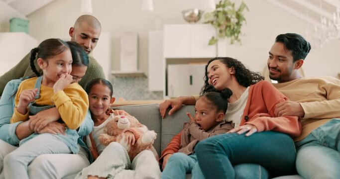 Happy, big family on sofa and in living room of their home together relaxing. Love or support, comfortable or quality time and cheerful or excited people on couch for positivity at their house