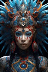 Psychedelic Enigma: Minoan Goddess with Jet-Black Eyes and Lizard Skin, LSD Fractals in the Background, Generative AI
