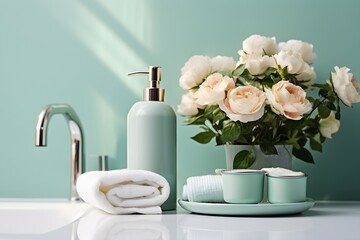 interior design, Soft light bathroom decor in mint color, accessories on pastel mint background. created generative AI.