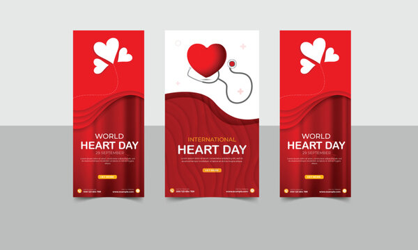  World Heart Day roll up banner design, World herat day social media Instagram story post, Heart red Illustration Background, stand banner design for heart care