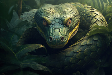 Big dangerous snake, anaconda in jungle looking at camera - obrazy, fototapety, plakaty