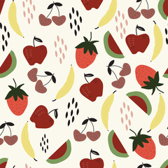 Exquisite summer fruits seamless surface pattern of juicy fruits. Whimsical arrangement of banana, cherry, strawberry and apple
