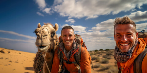 Portrait of two middle-aged men with a camel in the desert.