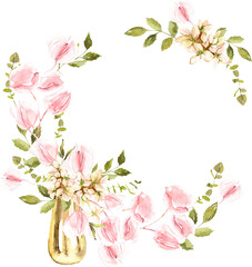 Watercolor wreath with pink flowers,  green leaves and gold vase, perfect for wedding invitation, baby shower, save the date card, Mother's Day, floral clipart, summer flowers