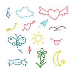  heart , clound, candy , moon ,butterfly, arrow,bird, flower children hand drawn. 