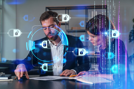 Businesspeople in formal wear taking notes signing contract at office workplace. Concept of important working moments, document sign, working process, concentration. Blockchain hologram