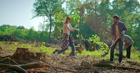 Climate change, tree gardening and ecology project for growth, global care of environment. Team of volunteers working outdoors, community service nature for sustainable environment.