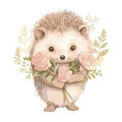 Cute hedgehog holding bouquet of flowers, vector.