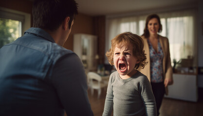 Angry screaming child with desperate parents.Stressed exhausted mother and father feeling desperate about screaming stubborn kid tantrum, upset annoyed parents tired of naughty difficult  - obrazy, fototapety, plakaty