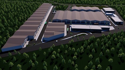 Obraz premium 3d rendering of warehouse area for masterplan and site plan landscape architecture facade