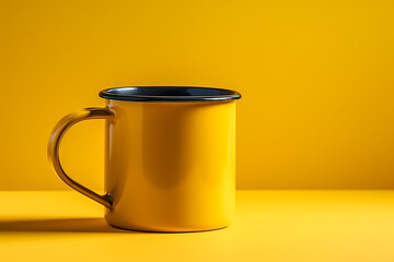 yellow enamel mug mockup on a yellow background. AI Generative