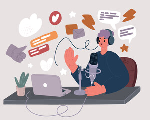 Vector illustration of Woman Sitting and making Podcasts in Mobile App. Audio Podcast. Concept of Online Podcasting, Online Radio Show, Microphone. Streamer.