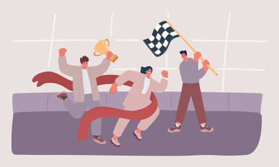 Vector illustration of Joyful office workers or clerks crossing finish line and tearing red ribbon. Concept of people taking part in professional competition, rivalry at work