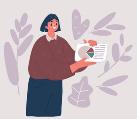 Vector illustration of Cartoon People, Women Holding Growth Graph. Financial Success, Cooperation and Effective Social Media Marketing.