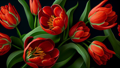 Bouquet of red tulips seamless pattern Ai generated image
