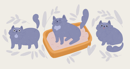 Vector illustration of gray cat siting next to a blue cat litter box.