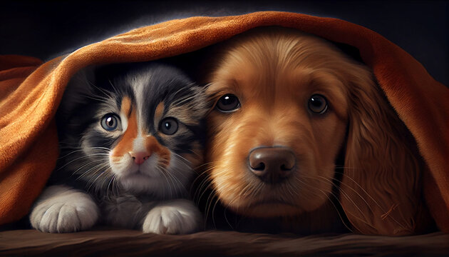 Best friends. Kitten and puppy under blanket Ai generated image 
