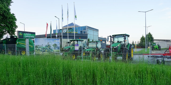 Wola Piasecka, Poland - May 21, 2023: The Powerful tractors at John Deer store.