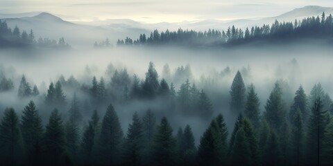 Obraz na płótnie Canvas AI Generated. AI Generative. Adventure outdoor nature mist fog clouds forest trees landscape background wild explore. Graphic Art