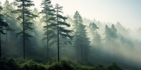 AI Generated. AI Generative. Adventure outdoor nature mist fog clouds forest trees landscape background wild explore. Graphic Art