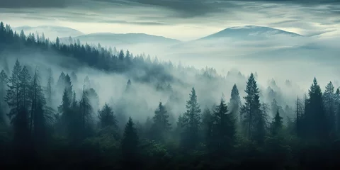 Wall murals Forest AI Generated. AI Generative. Adventure outdoor nature mist fog clouds forest trees landscape background wild explore. Graphic Art