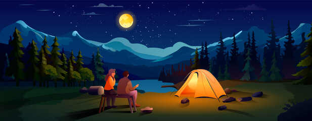 couple sitting near tent camping area night campsite summer camp travel vacation concept mountains landscape - obrazy, fototapety, plakaty