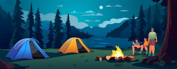 people near tent camping area with campfire night campsite summer camp travel vacation concept mountains landscape