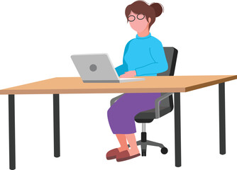 Fototapeta na wymiar Woman sitting on the chair, working with laptop on desk. Freelance or studying or working concept. Vector flat style illustration. Good for image work, office, hiring staff. 