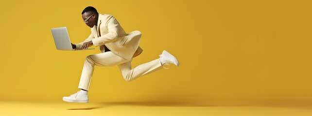 A man with a laptop on a light yellow-grey background-copyspace-Generative AI