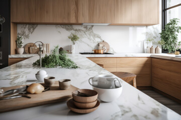 Naklejka na ściany i meble Modern kitchen interior with a spacious wood countertop and contemporary appliances, perfect for culinary enthusiasts, AI Generative.