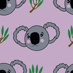 Design of cute koala with pink ears and green eucalyptus leaf seamless pattern for kids print textile design.