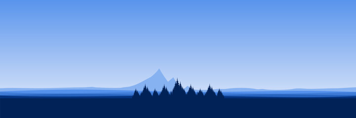 mountain dusk nature landscape with tree silhouette vector illustration good for wallpaper, background, backdrop, banner, and design template