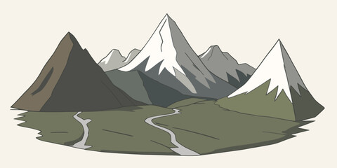 Flat graphic vector illustration of abstract mountain landscape with part of mount range area contains foothills to snowcapped peaks. Simple cartoon design sketch for climbing or hiking tourism.