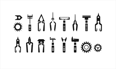 Set of tools and service icons. Screwdriver, wrench, and gear icon Glyph with a wrench and screwdriver. Setting up and fixing
