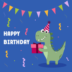Birthday Card With Dinosaur Character. Vector illustration for children t-shirts, stickers, greeting cards.