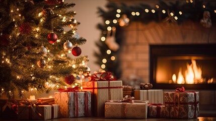 Christmas Day, Christmas presents on wooden table decorated fir tree and fire place, copy space background. Generate Ai