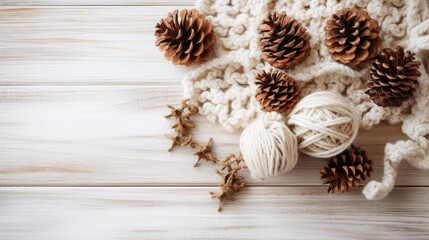 Obraz na płótnie Canvas Christmas Day, Top view of Christmas composition. Christmas gift, knitted blanket, pine cones, fir branches on wooden white background. copy space. Generate Ai