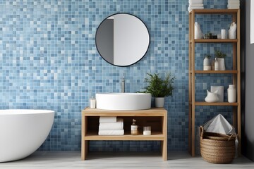 interior design of a modern bathroom with a wall, mirror and washbasin. created generative AI.