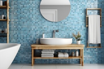 Fototapeta na wymiar interior design of a modern bathroom with a wall, mirror and washbasin. created generative AI.