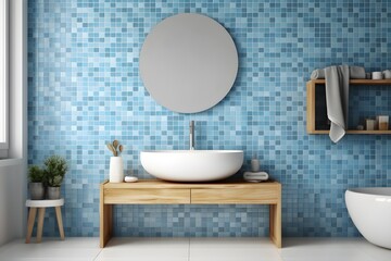 Naklejka na ściany i meble interior design of a modern bathroom with a wall, mirror and washbasin. created generative AI.