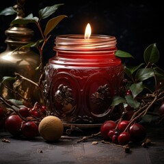 Beautiful Decorated Christmas Glass Candle. Generative AI illustration.
