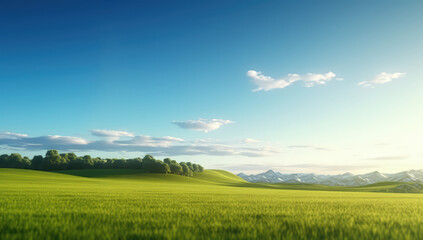 Beautiful summer landscape: Serene Fields and Rolling Hills Landscape with Lush Green Grass, Blue Sky, and Clouds 