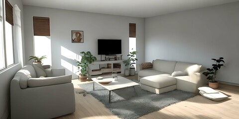 Fototapeta na wymiar Empty living room with sofa in simple living room interior. Blank horizontal poster frame mock up in scandinavian style living room interior, 3d rendering