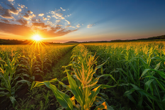 Sunset over corn field with blue sky and clouds, agricultural landscape, background
