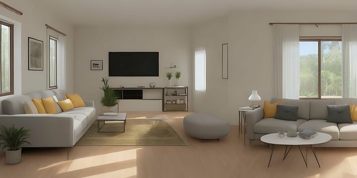 Empty living room with sofa in simple living room interior. Blank horizontal poster frame mock up in scandinavian style living room interior, 3d rendering